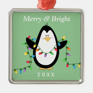 Fun Penguin Merry and Bright Square Metal Tree Decoration