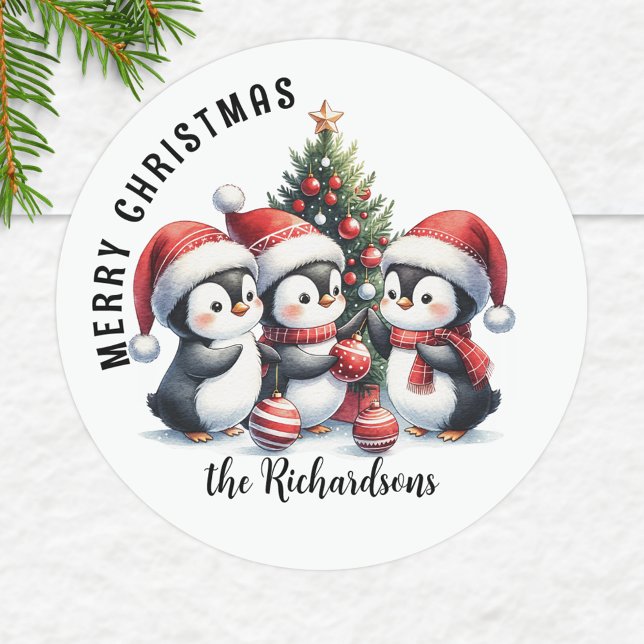 Fun Penguins Custom Family Name Merry Christmas Classic Round Sticker (Creator Uploaded)