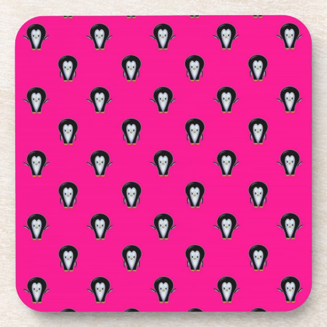 Fun Penguins over Hot Pink Pattern Coaster (Front)