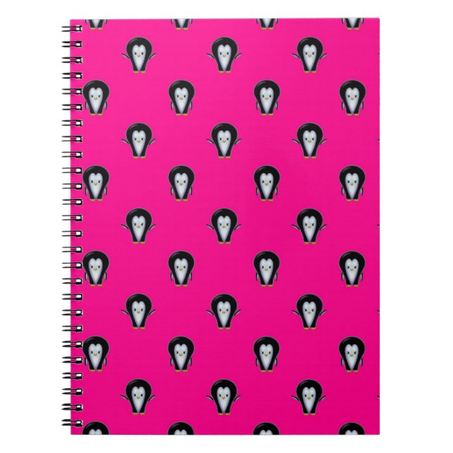 Fun Penguins over Hot Pink Pattern Spiral Notebook (Front)
