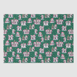 Fun Penguins Pattern Dark Green and Pink Christmas Tissue Paper