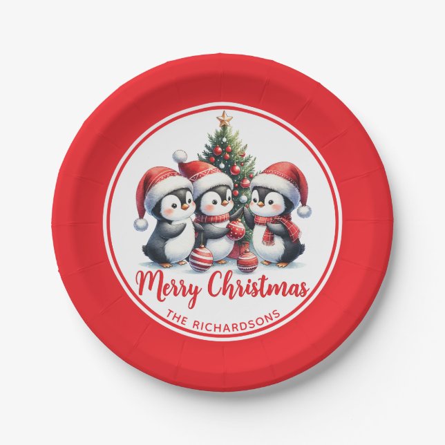 Fun Penguins White and Red Merry Christmas Paper Plate (Front)