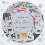 Fun Personalised Animal Baby Shower Paper Plate<br><div class="desc">Featuring all sorts of jungle,  safari,  zoo animals,  pets,  birds and wildlife. A monster and a dinosaur mmight have sneaked in there too. Perfect for a fun animal lover's baby shower celebration.  Change the text to personalise.  Original art by Nic Squirrell.</div>