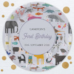Fun Personalised Animal First 1st Birthday Paper Plate<br><div class="desc">Featuring all sorts of jungle,  safari,  zoo animals,  pets,  birds and wildlife. A monster and a dinosaur mmight have sneaked in there too. Perfect for a fun animal lover's first birthday party celebration.  Change the text to personalise.  Original art by Nic Squirrell.</div>