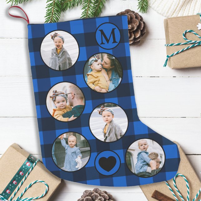 Fun Personalised Baby Photo Blue Black Plaid Small Christmas Stocking (Creator Uploaded)