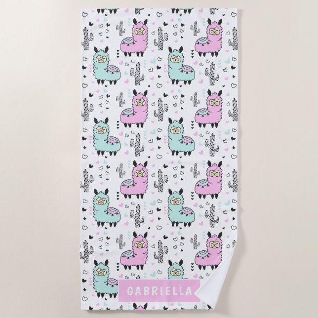 Fun Personalised Blue & Pink Llama Beach Towel (Front)