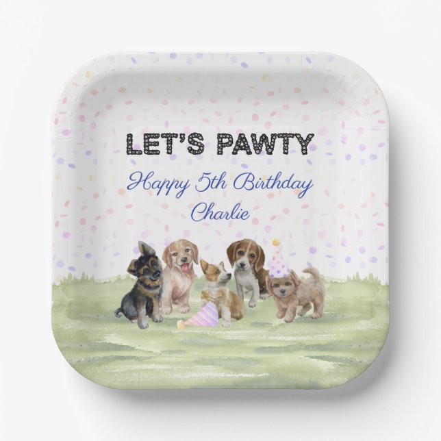 Fun Personalised Blue Puppy Dog Birthday Party Paper Plate (Front)