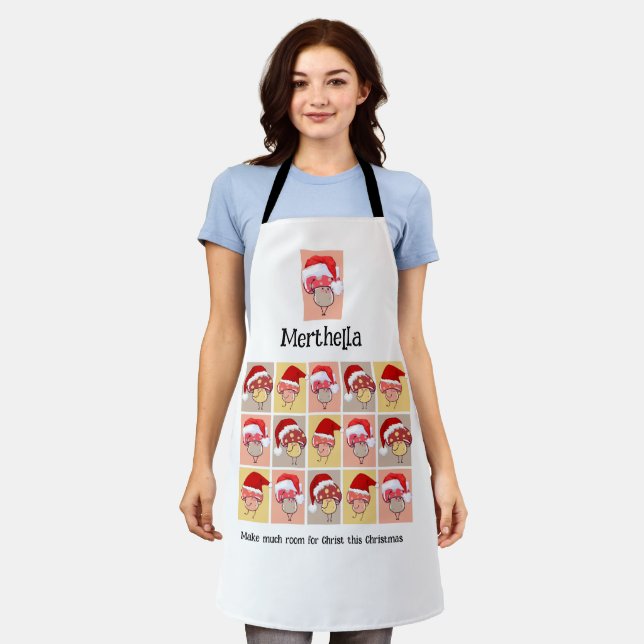 Fun Personalised Christian Christmas Mushrooms Apron (Worn)