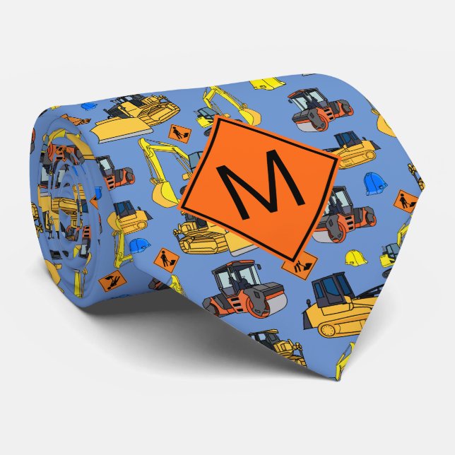 Fun Personalised Construction Vehicles Pattern Tie (Rolled)