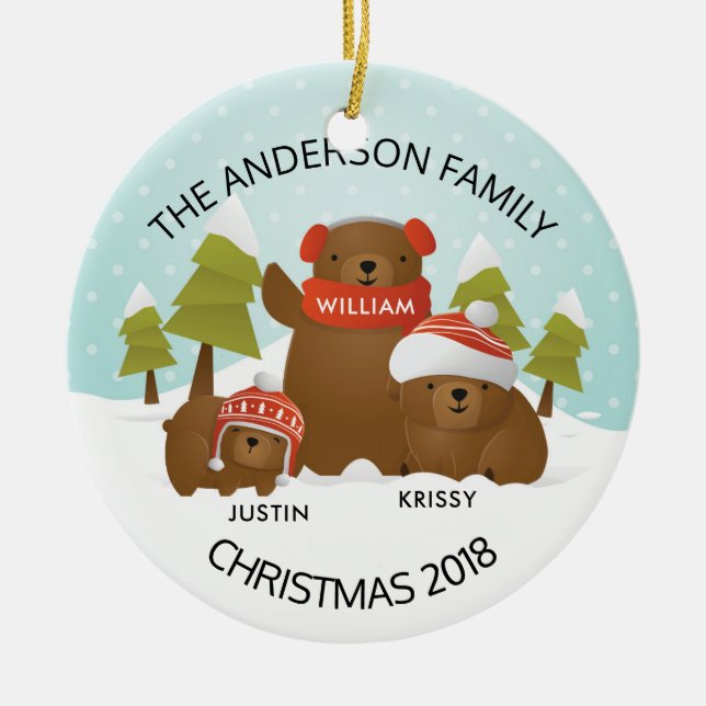 Fun Personalised Family Of 3 Bears Christmas Ceramic Tree Decoration (Front)