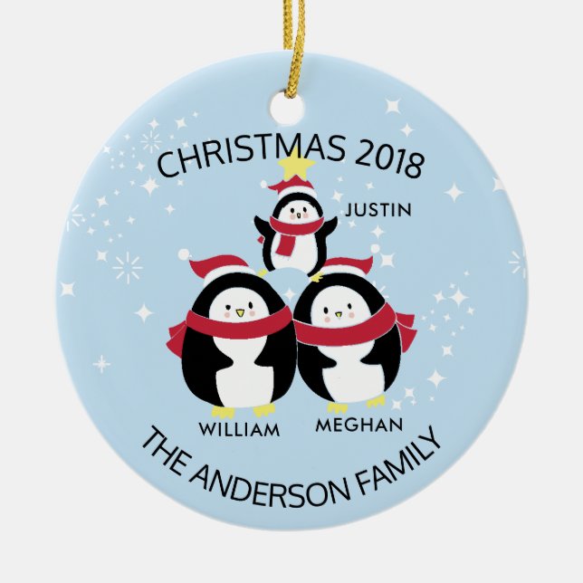 Fun Personalised Family Of 3 Penguins Christmas Ceramic Tree Decoration (Front)