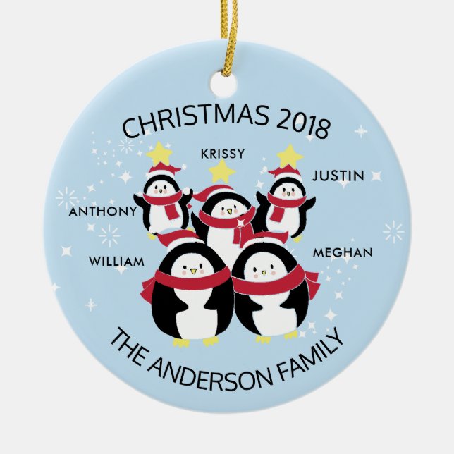 Fun Personalised Family Of 5 Penguins Christmas Ceramic Tree Decoration (Front)