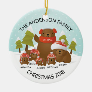 Fun Personalised Family Of 6 Bears Christmas Ceramic Tree Decoration