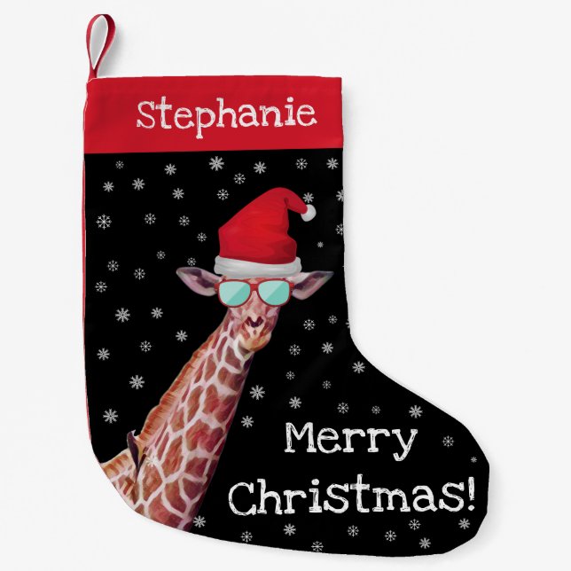 Fun Personalised Giraffe Wearing Santa Hat Xmas Small Christmas Stocking (Front)