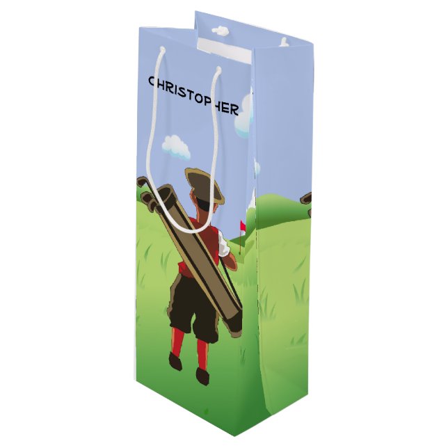 Fun Personalised Golfer on golf course Wine Gift Bag (Front Angled)