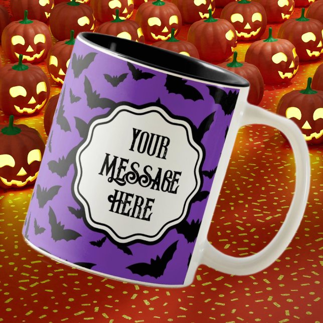 Fun Personalised Halloween Purple Black Bat Two-Tone Coffee Mug (Personalize this cute bat mug!)
