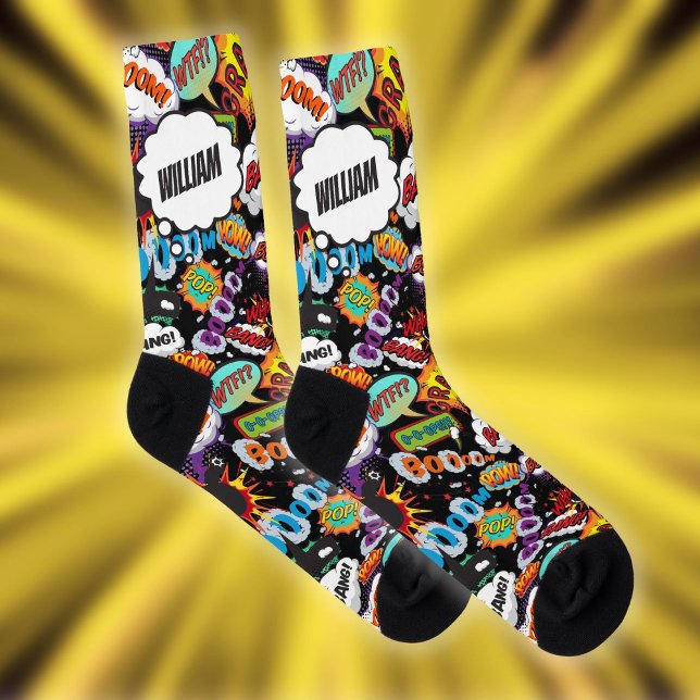 Fun Personalised Name Comic Book Black Socks (Fun Personalized Name Comic Book Black Socks)