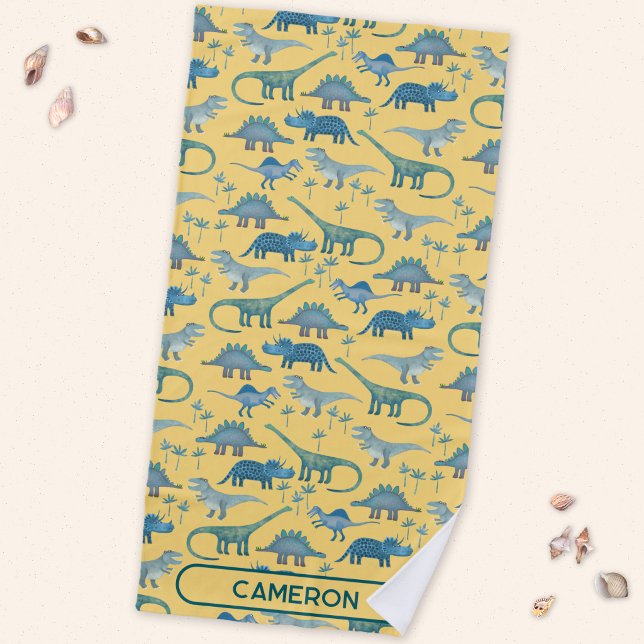 Fun Personalised Name Dinosaur Pattern Beach Towel (Fun prehistoric dinosaur pattern beach towel for paleontologists of all ages)