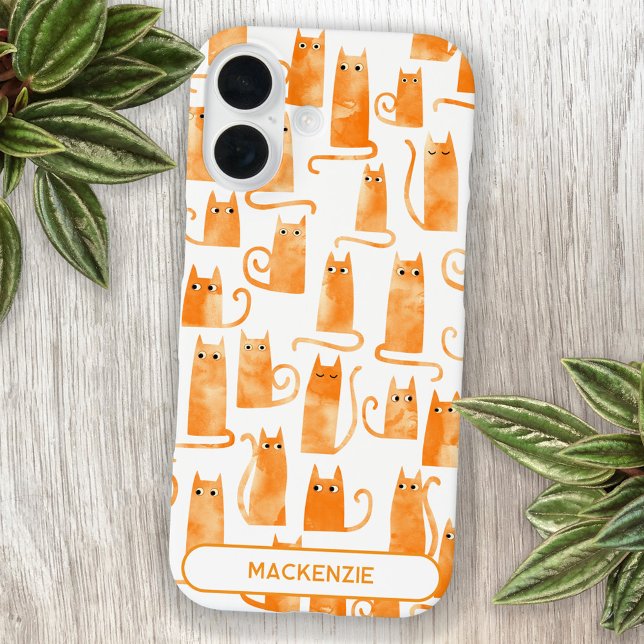 Fun Personalised Orange Cat iPhone 16 Case (Fun and quirky personalized custom name watercolor orange ginger cat pattern mouse mat)