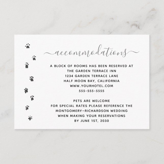 Fun Personalised Pet Wedding Accommodations Enclosure Card (Front)