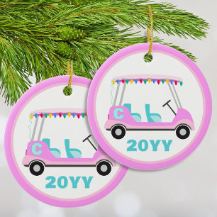 Fun Personalised Pink Golf Cart Holiday Lights  Ceramic Tree Decoration