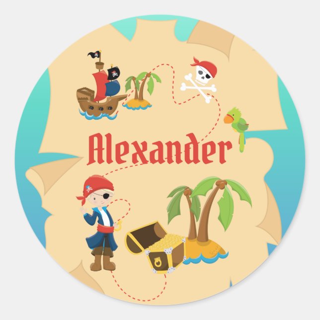 Fun Personalised Pirate Boy Treasure Map Classic Round Sticker (Front)