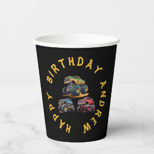 Fun personalized monster truck kids birthday  paper cups