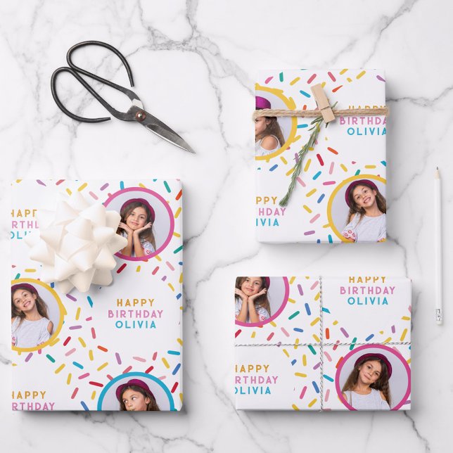 Fun Photo Collage Sprinkles Happy Birthday Wrapping Paper Sheet (Creator Uploaded)