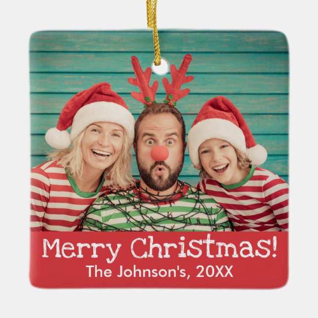 Fun Photo on Front and Back Rustic Red Christmas Ceramic Ornament (Front)