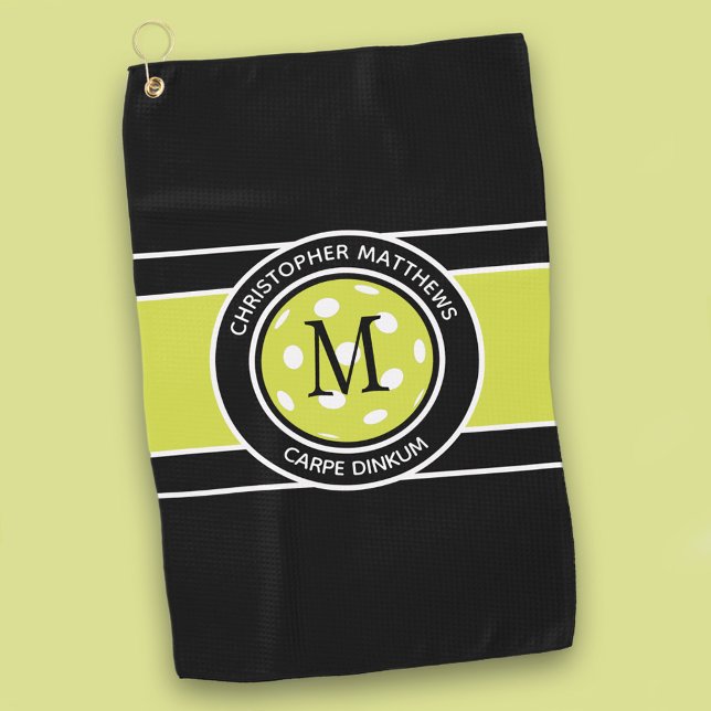 Fun Pickleball Funny Quote Name Initial Black   Golf Towel (Pickleball Funny Custom Quote Name Initial Black Golf Towel)