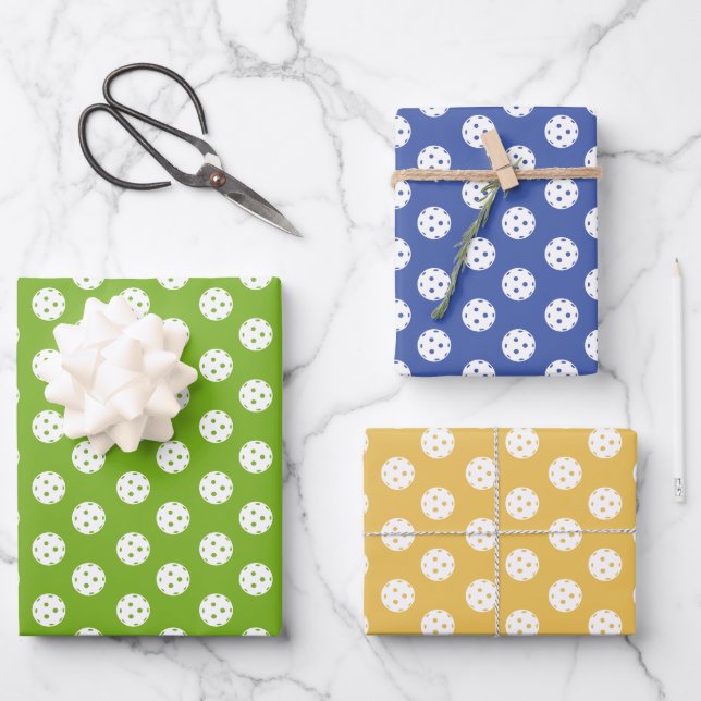 Fun Pickleball Pattern Blue Green Orange Wrapping Paper Sheet (Front)