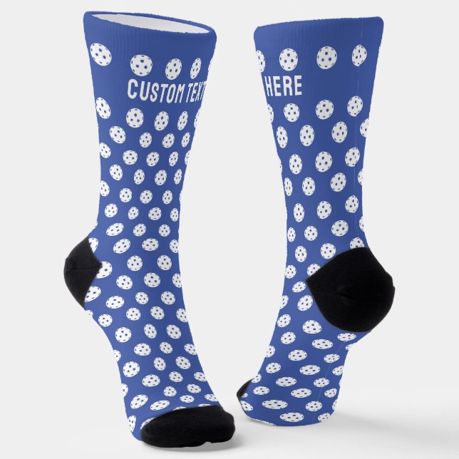 Fun Pickleball Pattern Blue White Sports Balls Socks (Angled)