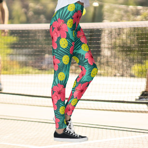 Fun Pickleball Tropical Hibiscus Flower Sports Leggings