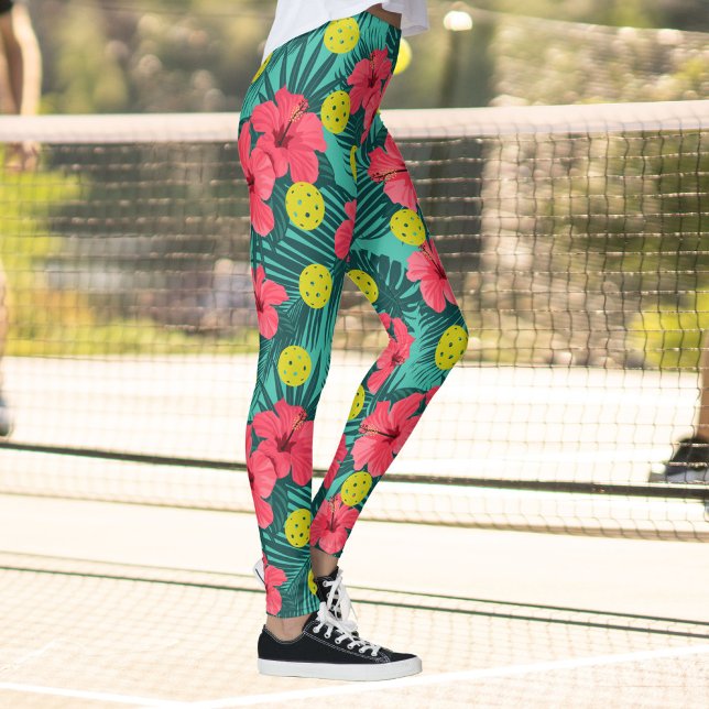 Fun Pickleball Tropical Hibiscus Flower Sports Leggings (Creator Uploaded)