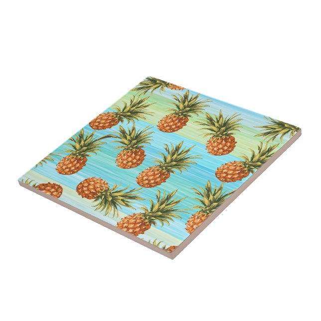 Fun Pineapple Fruit Pattern Watercolor Art Stripes Tile (Side)