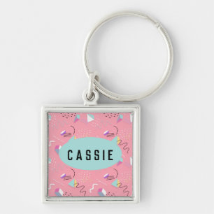 Fun Pink 1990s Throwback Graphics Key Ring