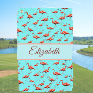 Fun pink and aqua custom monogram ladies flamingo golf towel