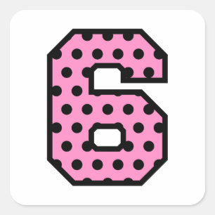 Fun Pink and Black POLKA DOTS Number 6 Six A08 Square Sticker