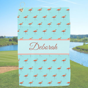 Fun pink and blue custom name ladies flamingo golf towel