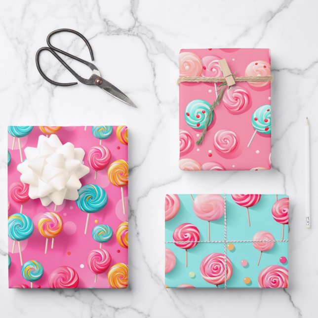 Fun Pink and Blue Lollipops Candy Lane  Wrapping Paper Sheet (Front)