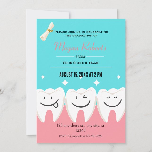 Fun pink and blue Tooth Dental Graduation Invitation (Front)