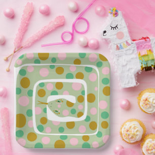 Fun Pink and Green Abstract Polka Dotted Snake Paper Plate