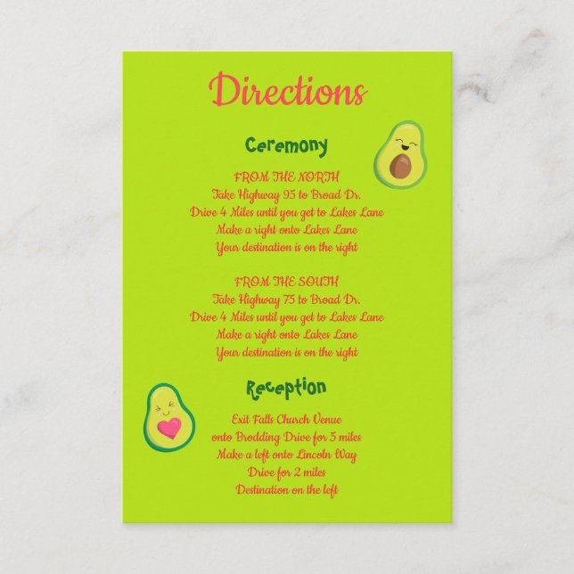 Fun Pink and Green Avocado Wedding Directions Enclosure Card (Front)