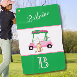 Fun Pink and Green Golf Cart Monogram Name  Towel