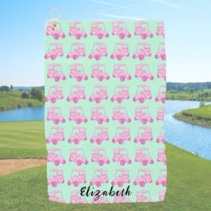 Fun pink and green golf cart personalised name towel