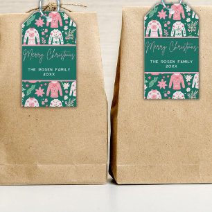 Fun Pink and Green Ugly Sweater Christmas Holiday Gift Tags