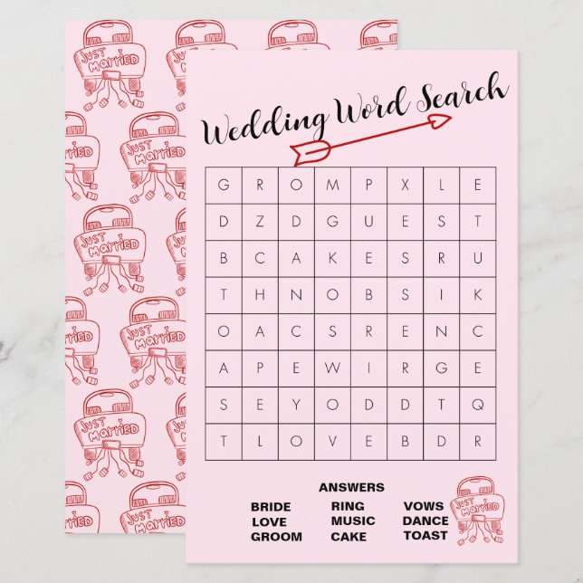 Fun Pink and Red Wedding Word Search Game   (Front/Back)