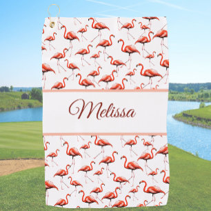 Fun pink and white custom monogram ladies flamingo golf towel