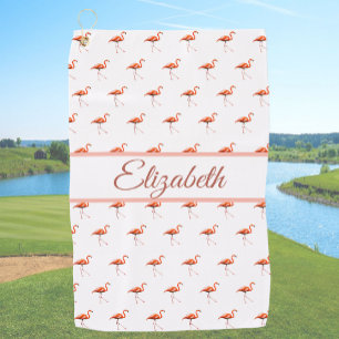 Fun pink and white custom name ladies flamingo golf towel