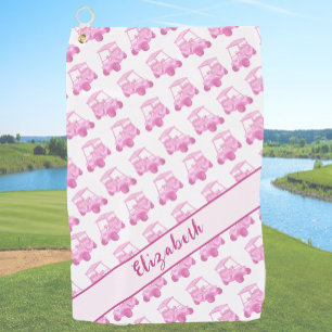 Fun pink and white golf cart personalized name golf towel